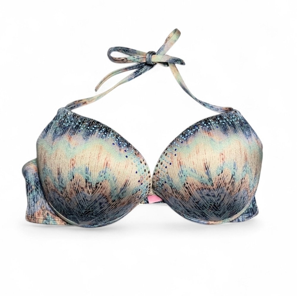 Victoria's Secret Rhinestone Bling Padded PushUp Underwire Halter Bikini Top 36D